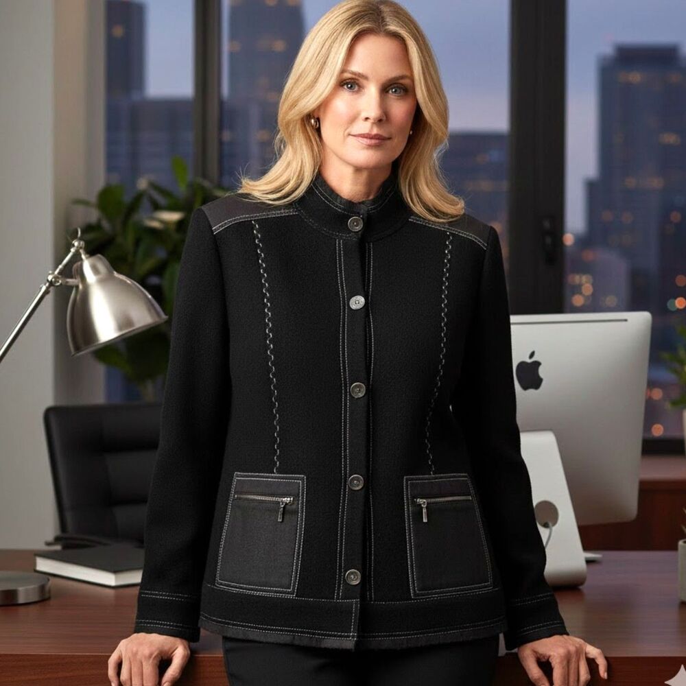 chicos jacket Chico's black boiled wool blazer coat 1 8 10 m l classic